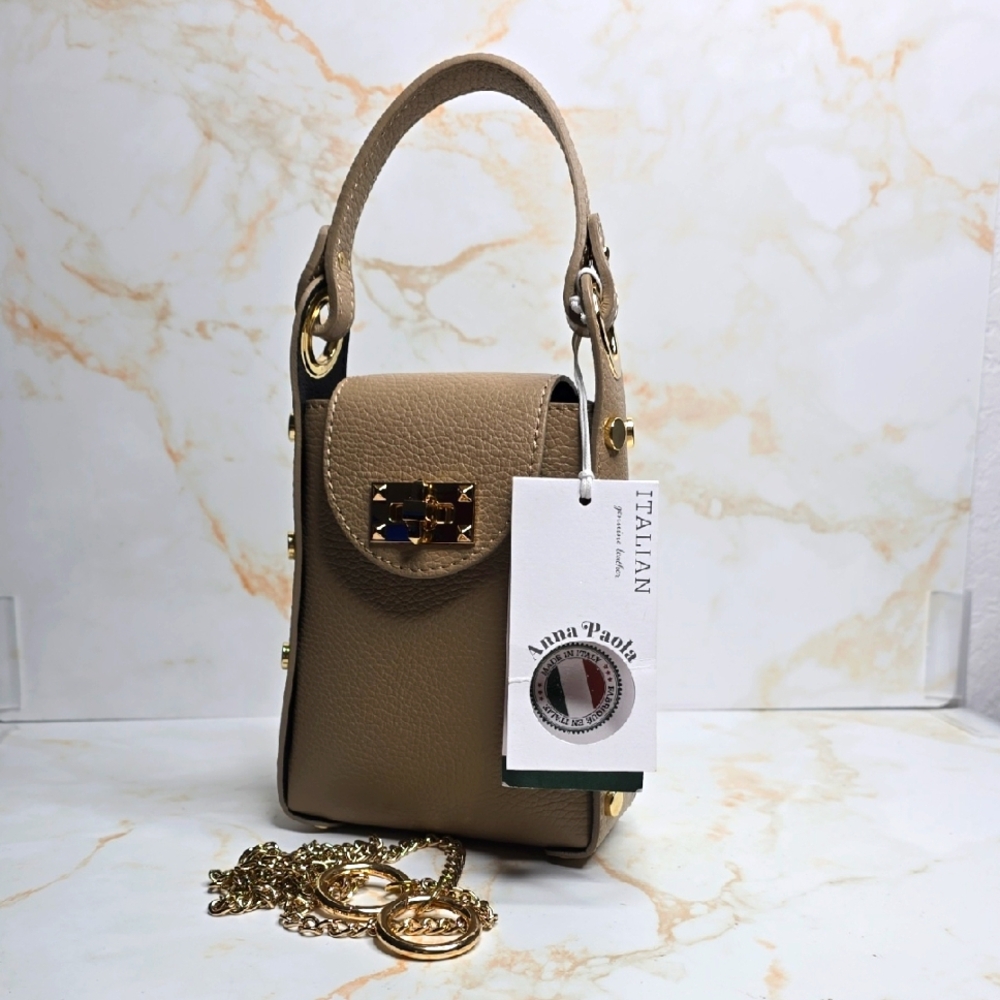 Taupe Leather Crossbody Bag Gold Studded Made In Italy Anna Paola New